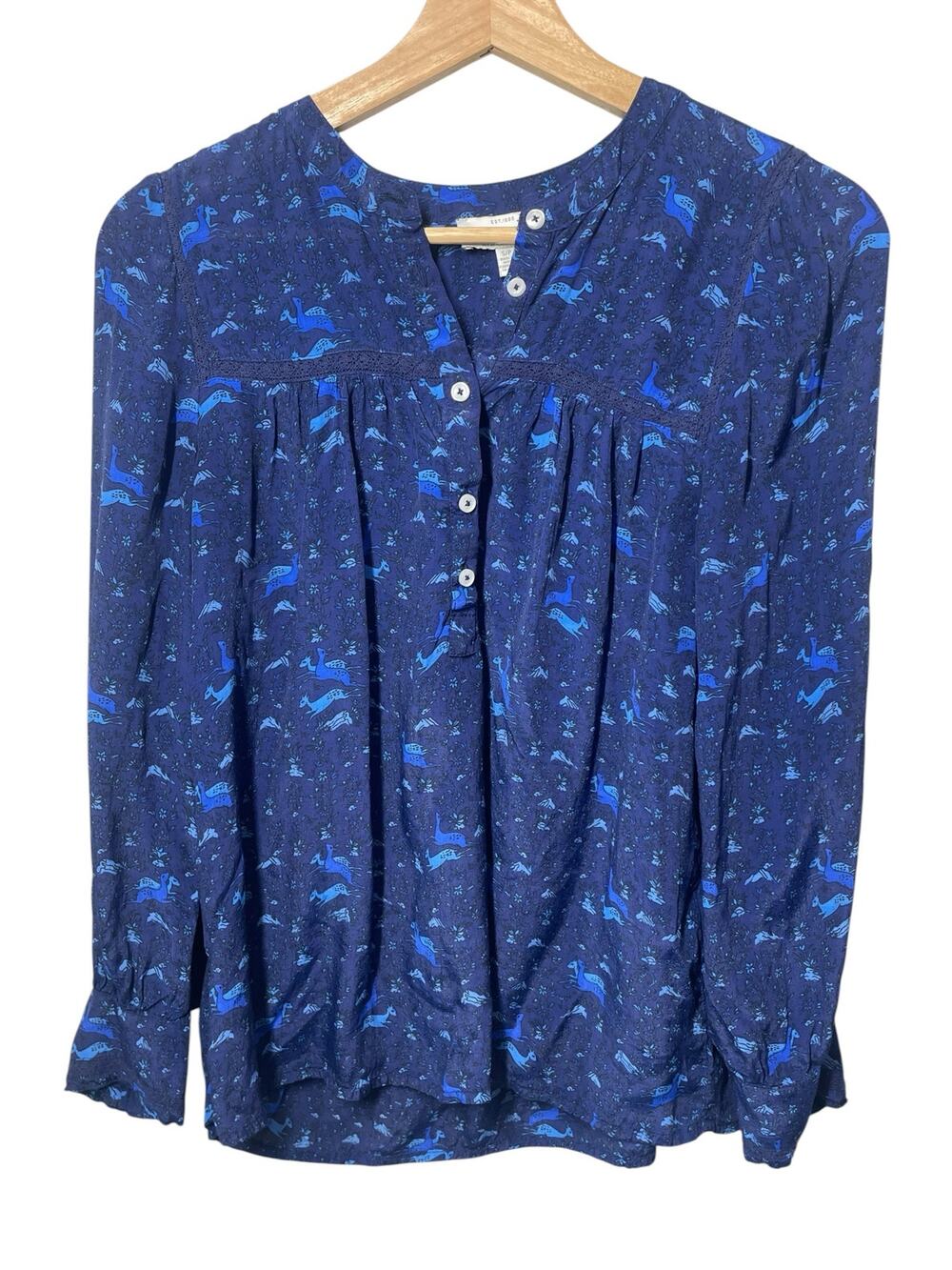 Lucky Brand Blouse Animal Print Deer Size Small Navy Blue Boho Cottage Top Shirt